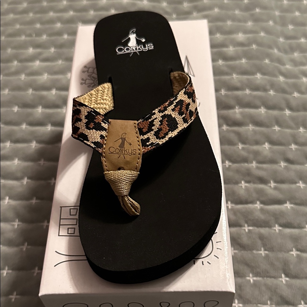 Corkys Black and Leopard Flip Flops kids size 2